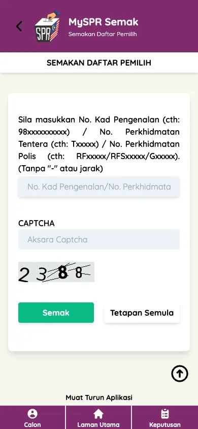 Borang Semakan Daftar Pemilih di MySPR Semak dengan ruangan nombor kad pengenalan dan CAPTCHA