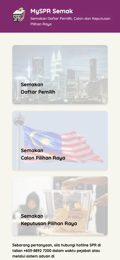Laman utama portal MySPR Semak pada telefon dengan tiga pilihan semakan